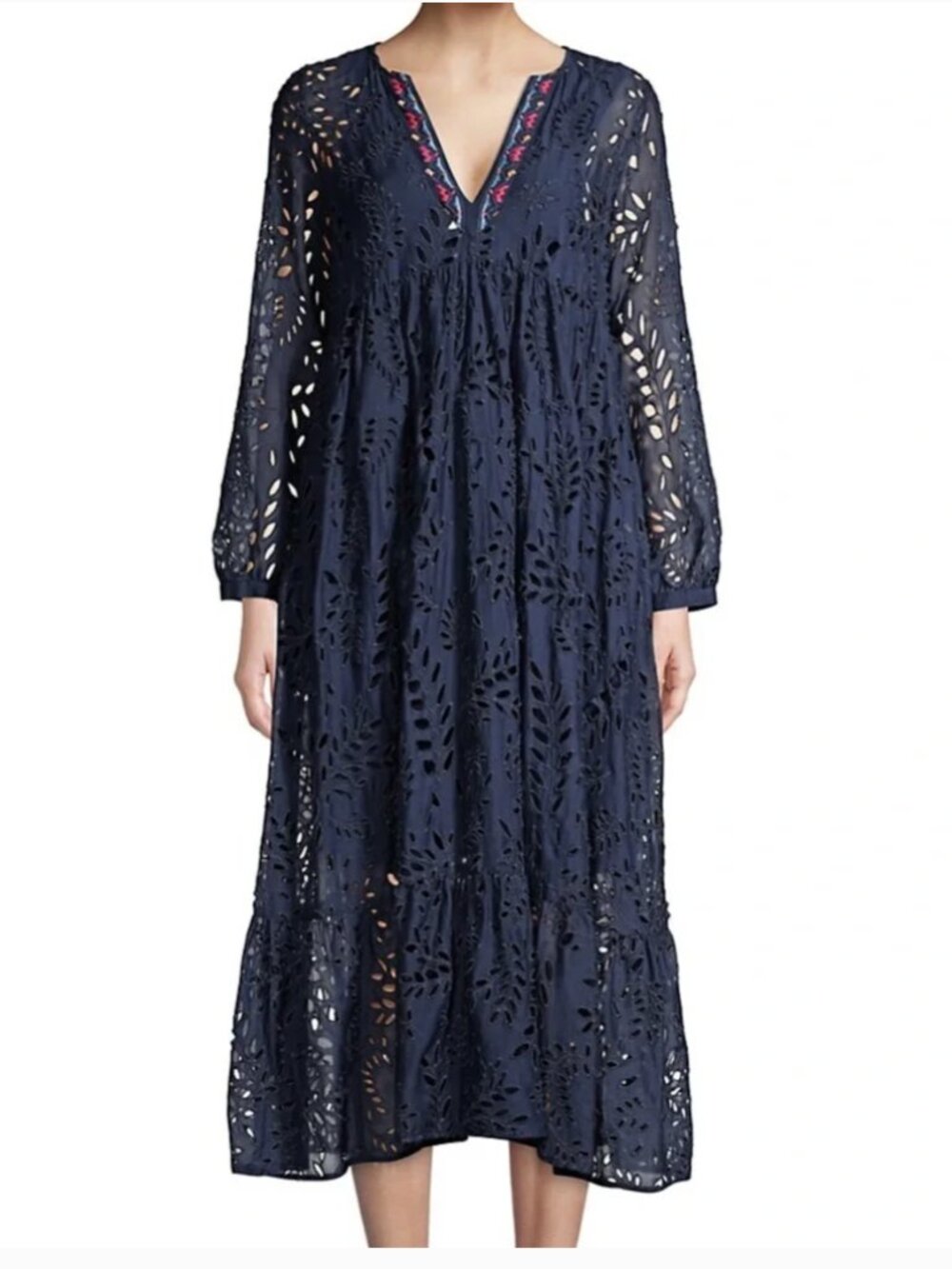 Johnny Was Jade Navy Cutwork Midi Dress with Red Embroidered V-Neck Size M